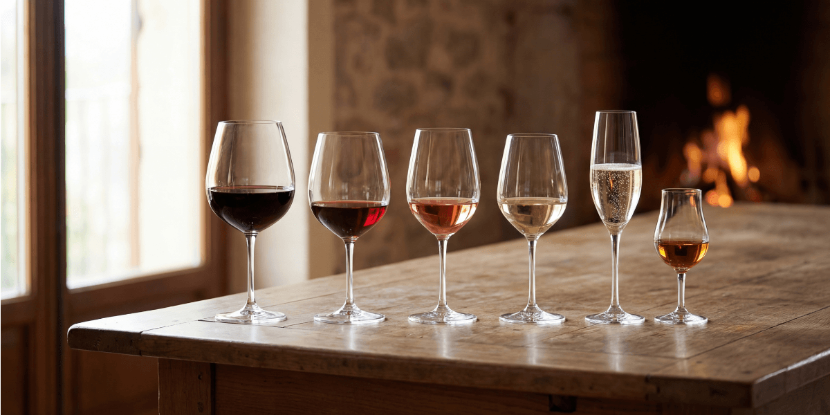 Wine tasting flight representing 2026 wine trends with red, rosé, white, sparkling, and low-alcohol dessert wines.