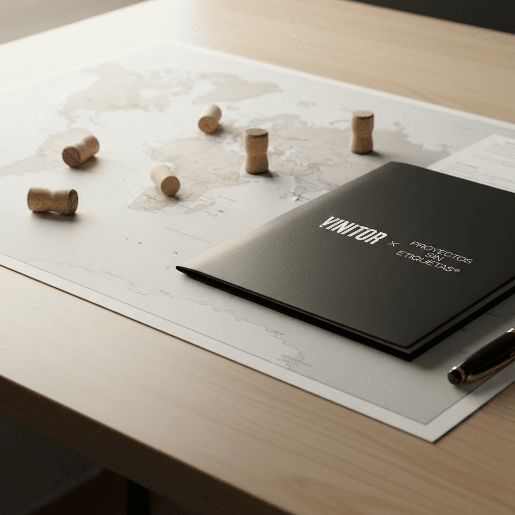 Vinitor x Proyectos Sin Etiquetas export folder on world map with wine corks