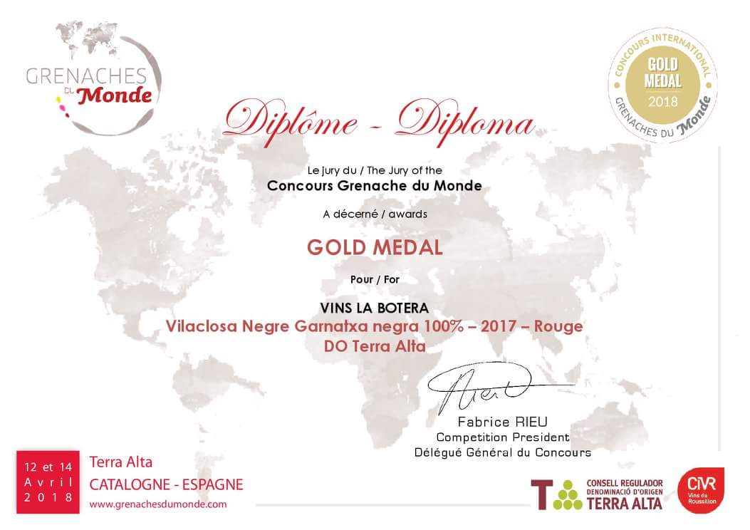 Vila-Closa Negre, Grenaches du Monde 2017 금메달 수상