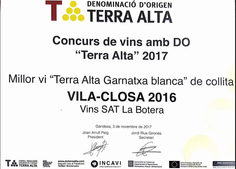 Vila-Closa Blanc Terra Alta 2017 年奖项