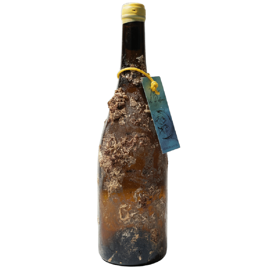 Mar de Batea Blanc underwater-aged Garnacha Blanca wine from Terra Alta, bottle encrusted with sea elements.