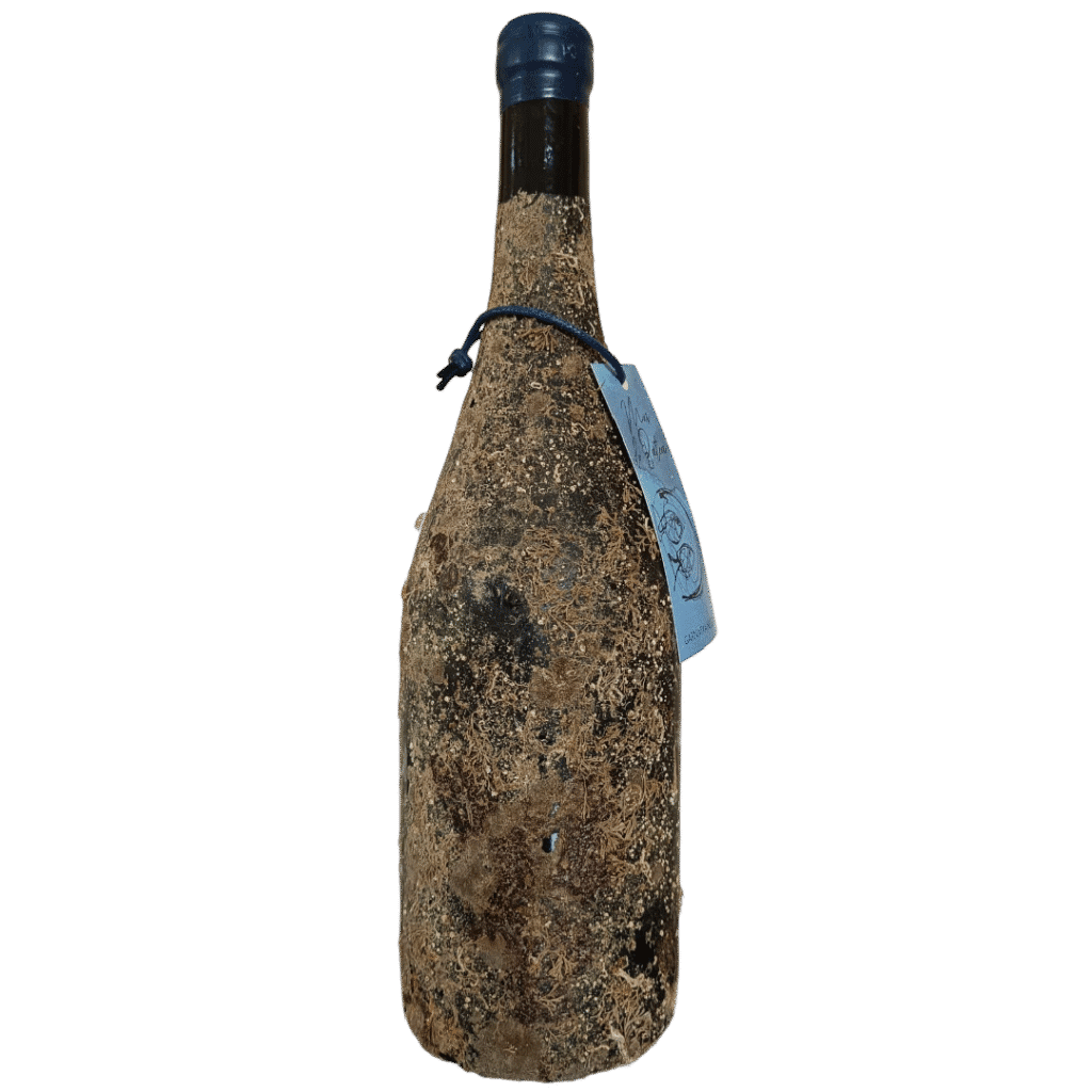 Mar de Batea Negre underwater-aged Garnacha Peluda wine, Terra Alta, bottle with natural sea encrustations.