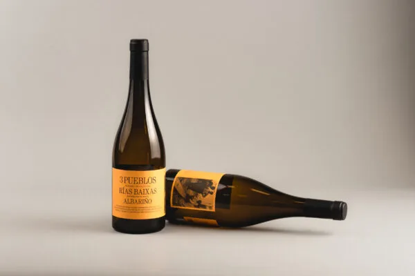 Dos botellas de vino 3 Pueblos Rías Baixas Albariño, una de pie y otra acostada.