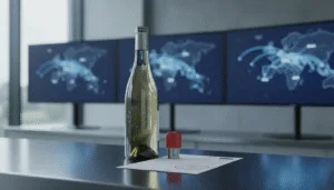 Uma garrafa de vinho europeu sobre uma mesa de alfândega com documentos de exportação e mapas digitais mundiais mostrando rotas comerciais, simbolizando o Sistema de Controle e Movimento de Impostos Especiais (EMCS).