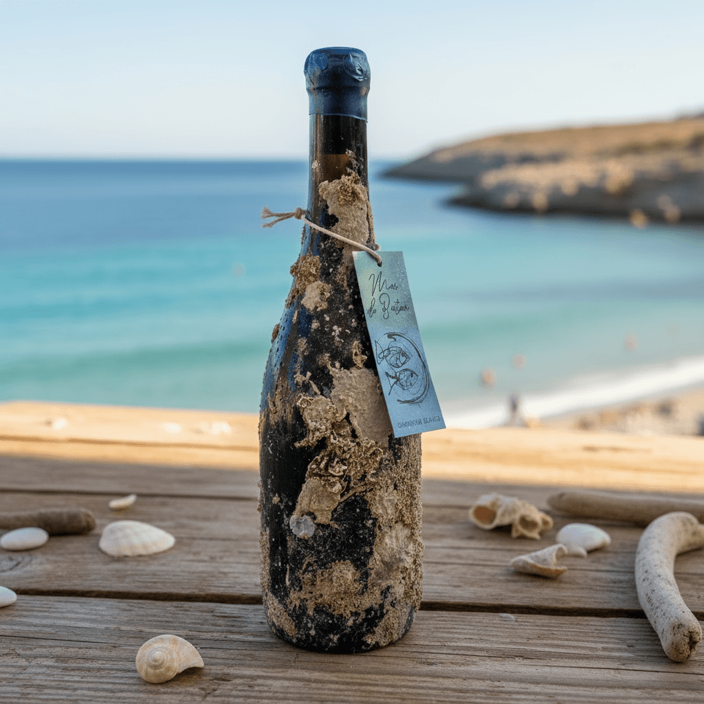 Underwater wine bottle from Celler La Botera, part of the Mar de Batea range, covered in marine sediment and displayed by the Mediterranean Sea.