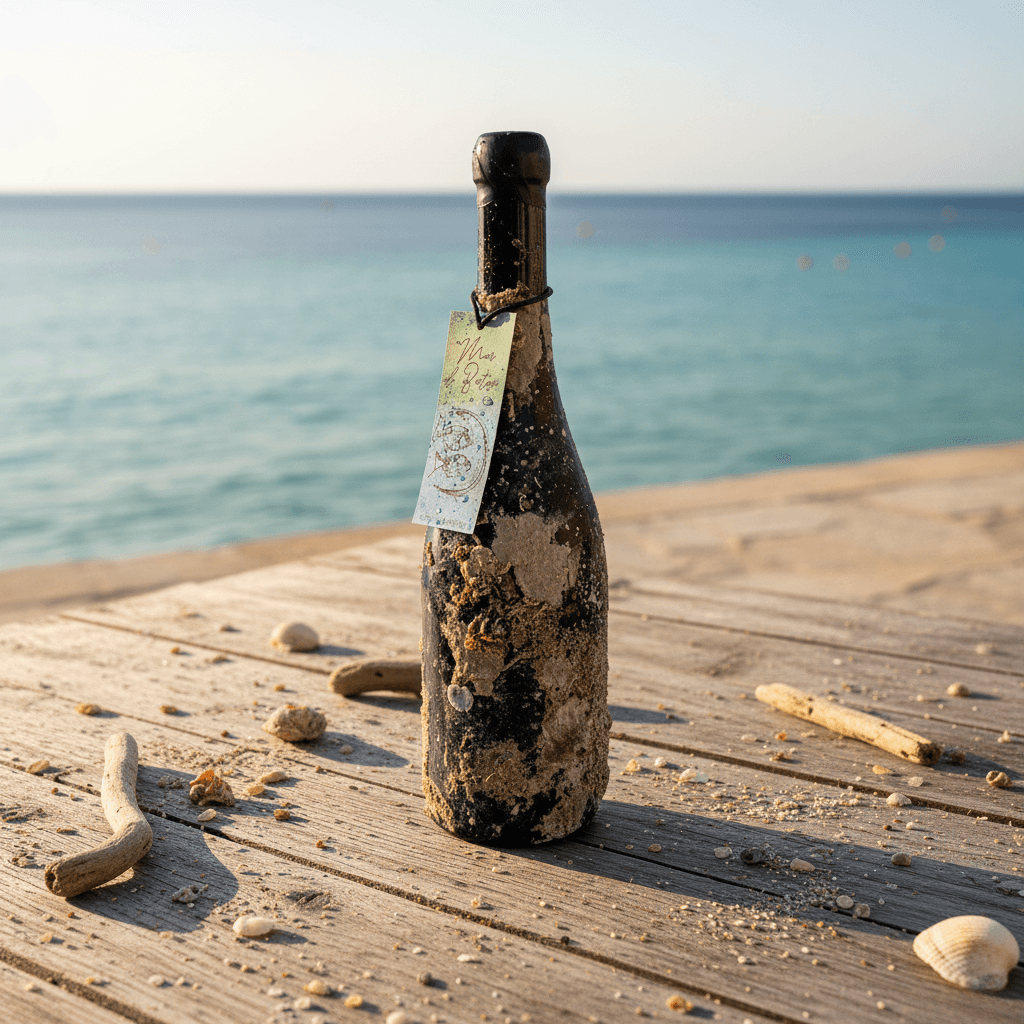 Mar de Batea - Underwater-aged wine bottle from Celler La Botera covered in marine sediment, placed on a wooden pier by the Mediterranean Sea.
