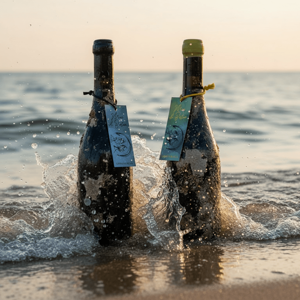 Mar de Batea Blanc and Mar de Batea Negre bottles from Celler La Botera emerging from the Mediterranean Sea, covered in sand and marine residue.