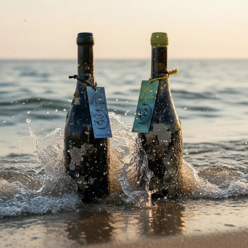 Láhve Mar de Batea Blanc a Mar de Batea Negre z Celler La Botera vystupující ze Středozemního moře, pokryté pískem a mořskými zbytky.