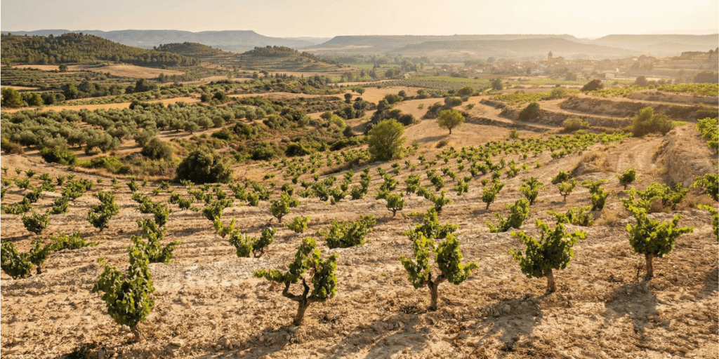 Letni krajobraz winnic Terra Alta podkreślający scenerię Człowiek i Biosfera.