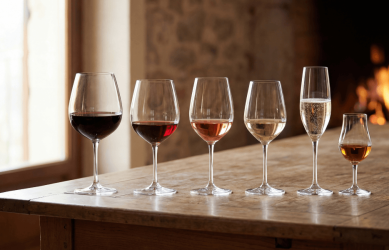 Wine tasting flight representing 2026 wine trends with red, rosé, white, sparkling, and low-alcohol dessert wines.